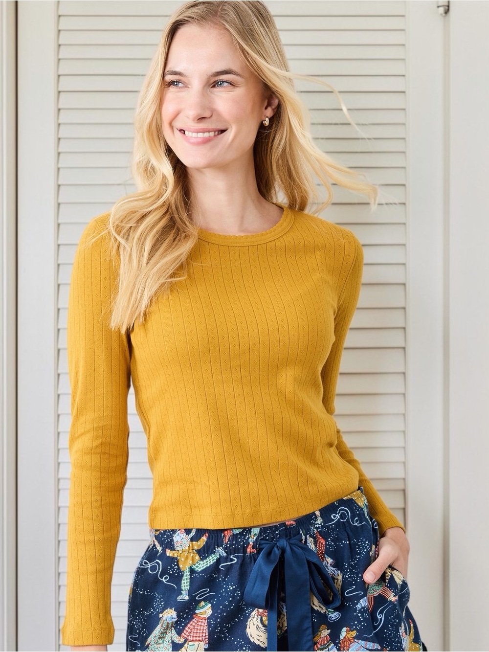 Printfresh Women’s Pointelle Long Sleeve In Goldenrod Size Medium